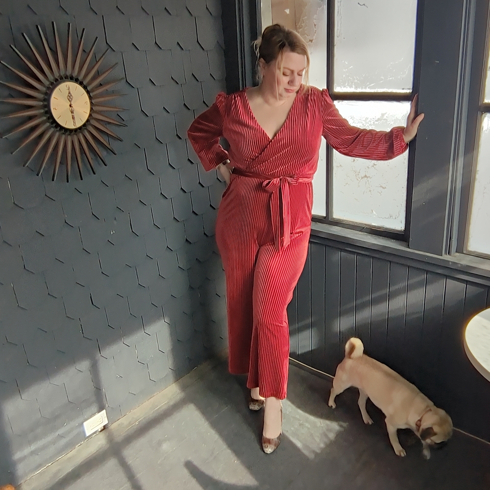 ALI & JAY Red Ribbed Wrap Jumpsuit with Waist Tie